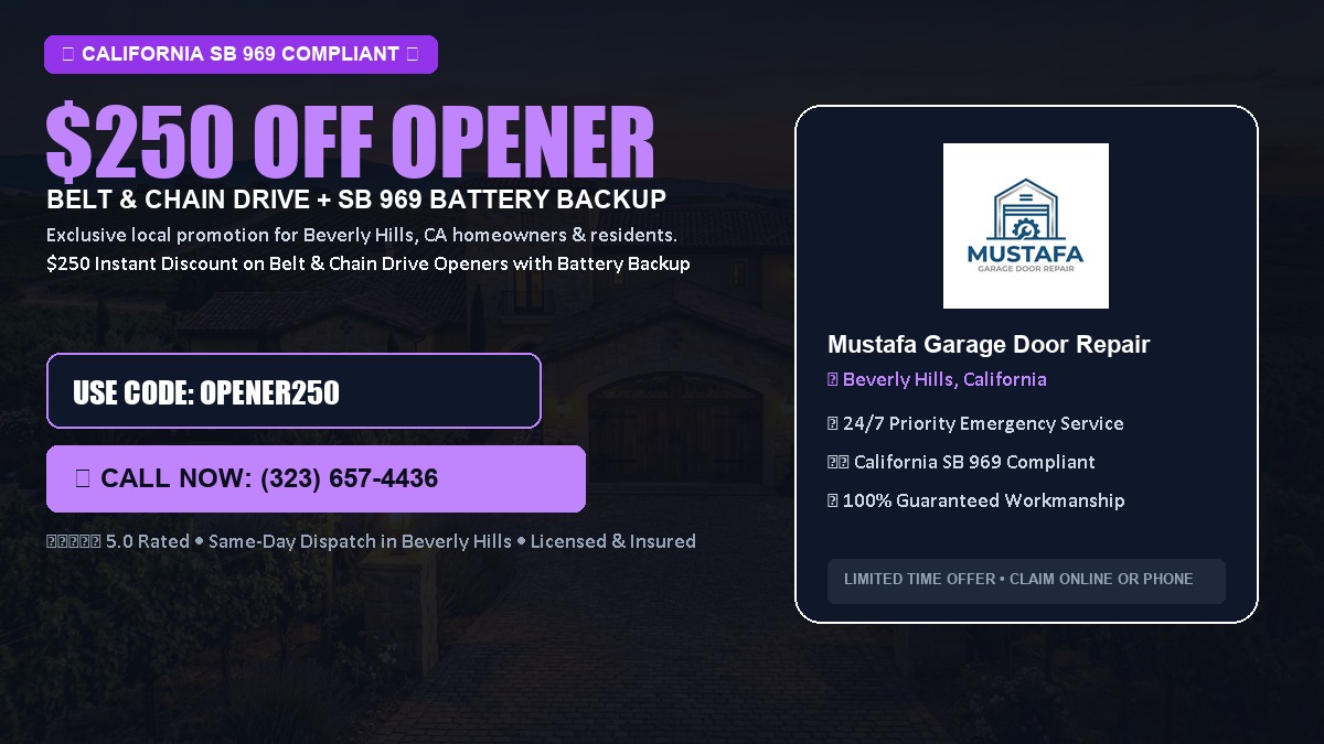 $250 OFF Smart Garage Door Opener Installation (Belt & Chain Drive with California SB 969 Battery Backup) in Beverly Hills, CA